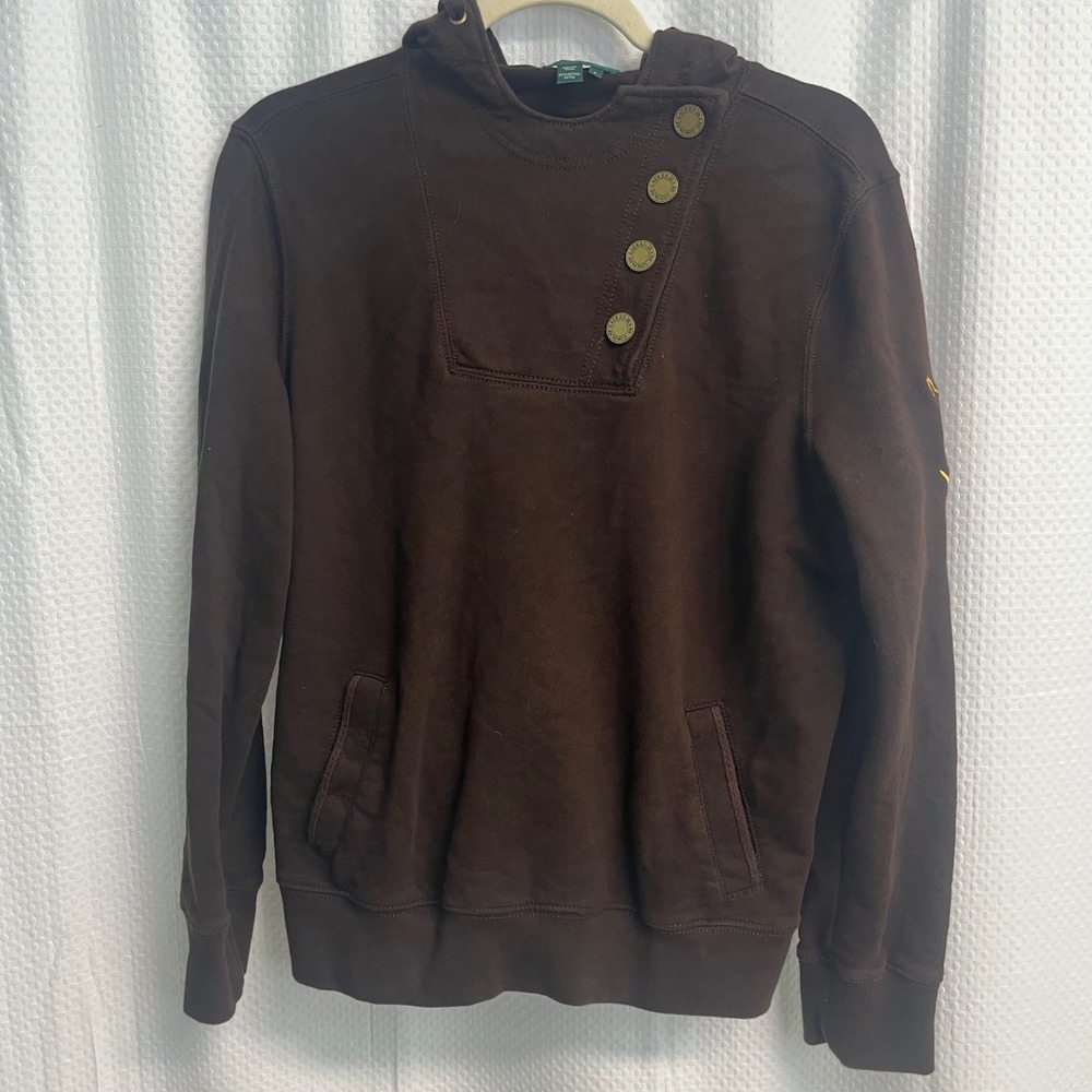 Lauren Ralph Lauren Brown Snap Neck Hoodie Sweatshirt Crest Patch Womens L